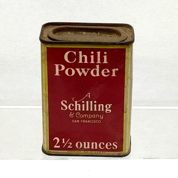 Schilling & Co Chili Powder Spice Tin 2 Oz 1930s Retro Kitchen Décor Collectible - Picture 1 of 6